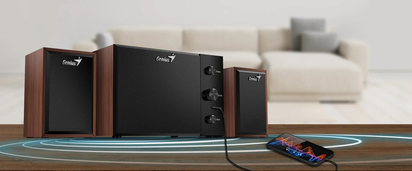 Parlante Genius SW-2.1 350 madera - Tecatech-uy