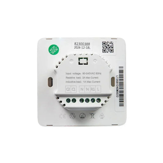 Termostato inteligente blanco para domótica, compatible smart home, visto por detrás, Tecatech Uruguay