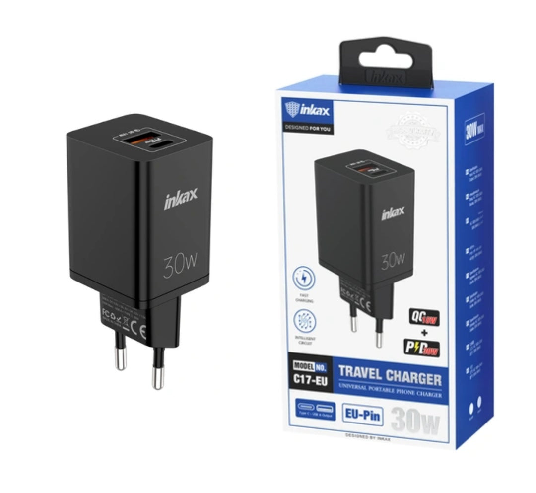 Cargador Inkax USB-A+C PD 30W negro - Tecatech-uy