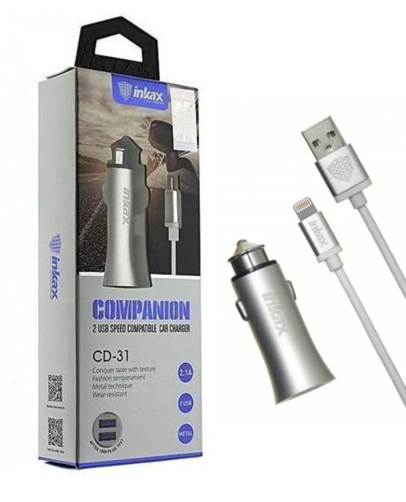 Cargador auto Dual Inkax silver c/Cable Iphone 2.1A - Tecatech-uy