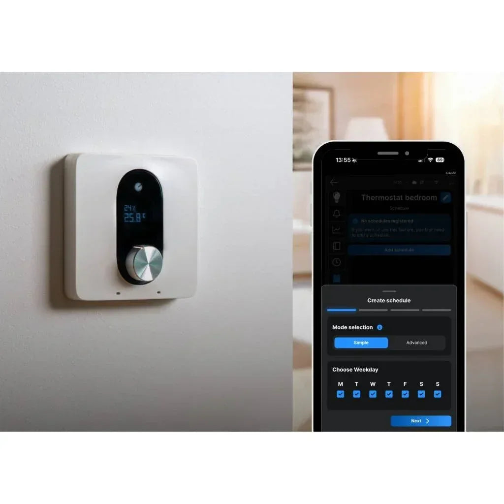Termostato inteligente en pared controlado desde smartphone, domótica smart home Tecatech Uruguay