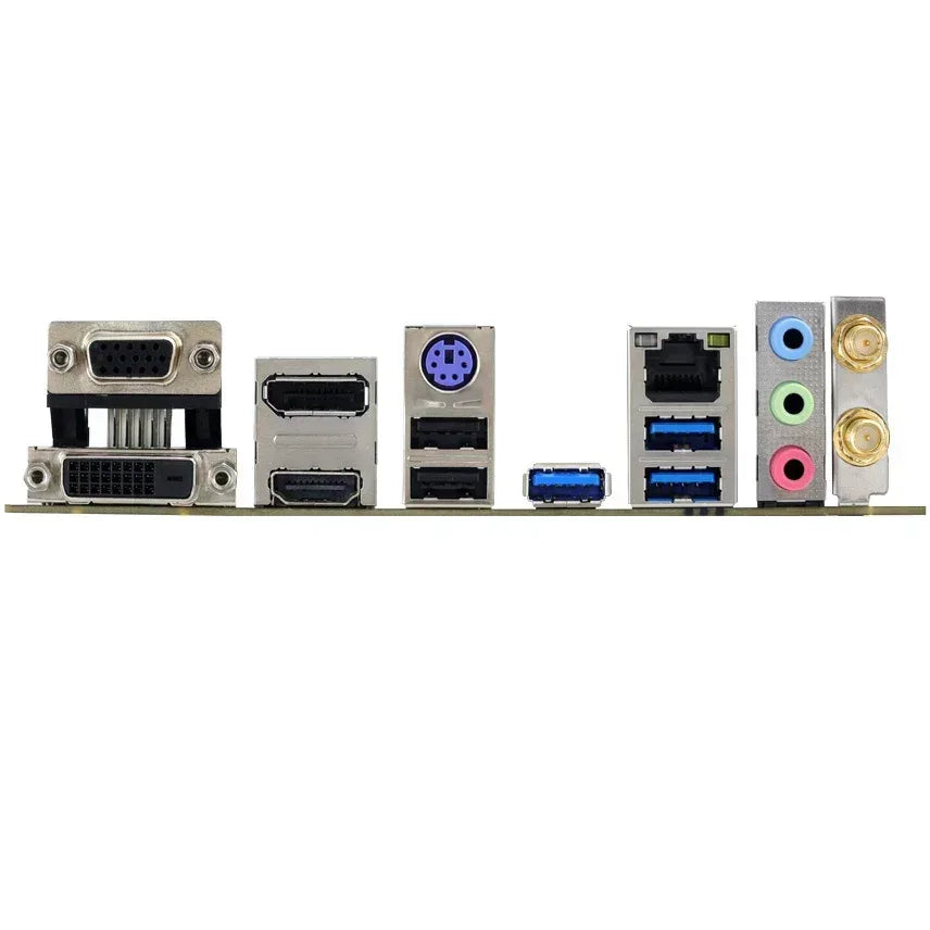 Panel trasero de motherboard con puertos VGA, HDMI, USB, Ethernet y audio, tecnología Tecatech Uruguay