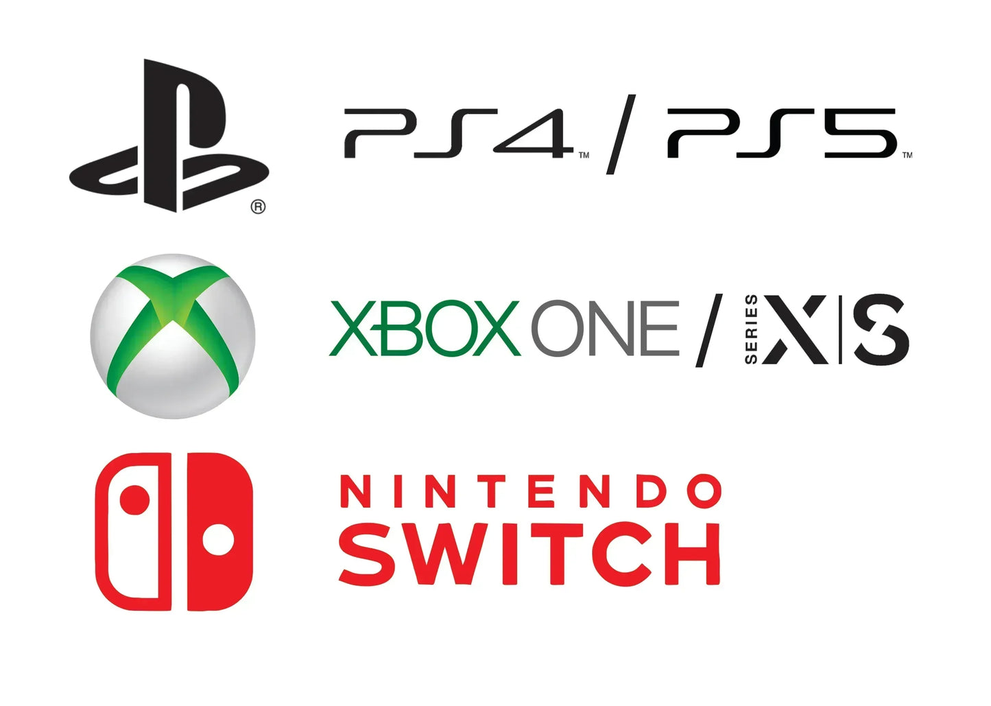 Logos de PlayStation PS4 PS5, Xbox One Series X S y Nintendo Switch, consolas gaming populares en Tecatech Uruguay.