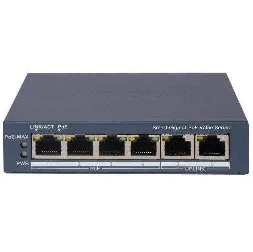 Switch PoE Hikvision 6 puertos gigabit 45w admin. - Tecatech-uy