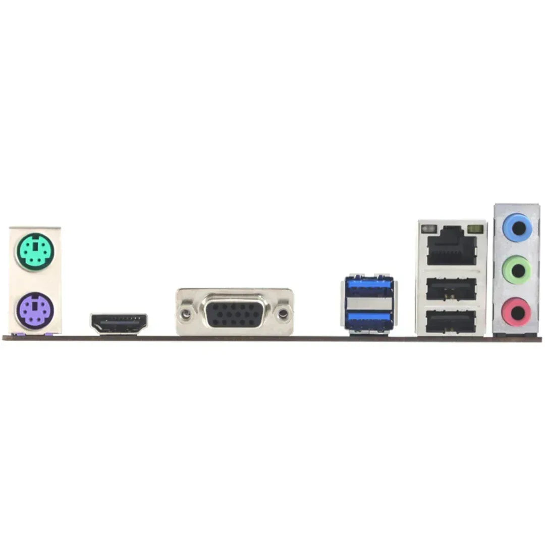 Panel trasero de motherboard con puertos USB, HDMI, VGA, audio y red en Tecatech Uruguay