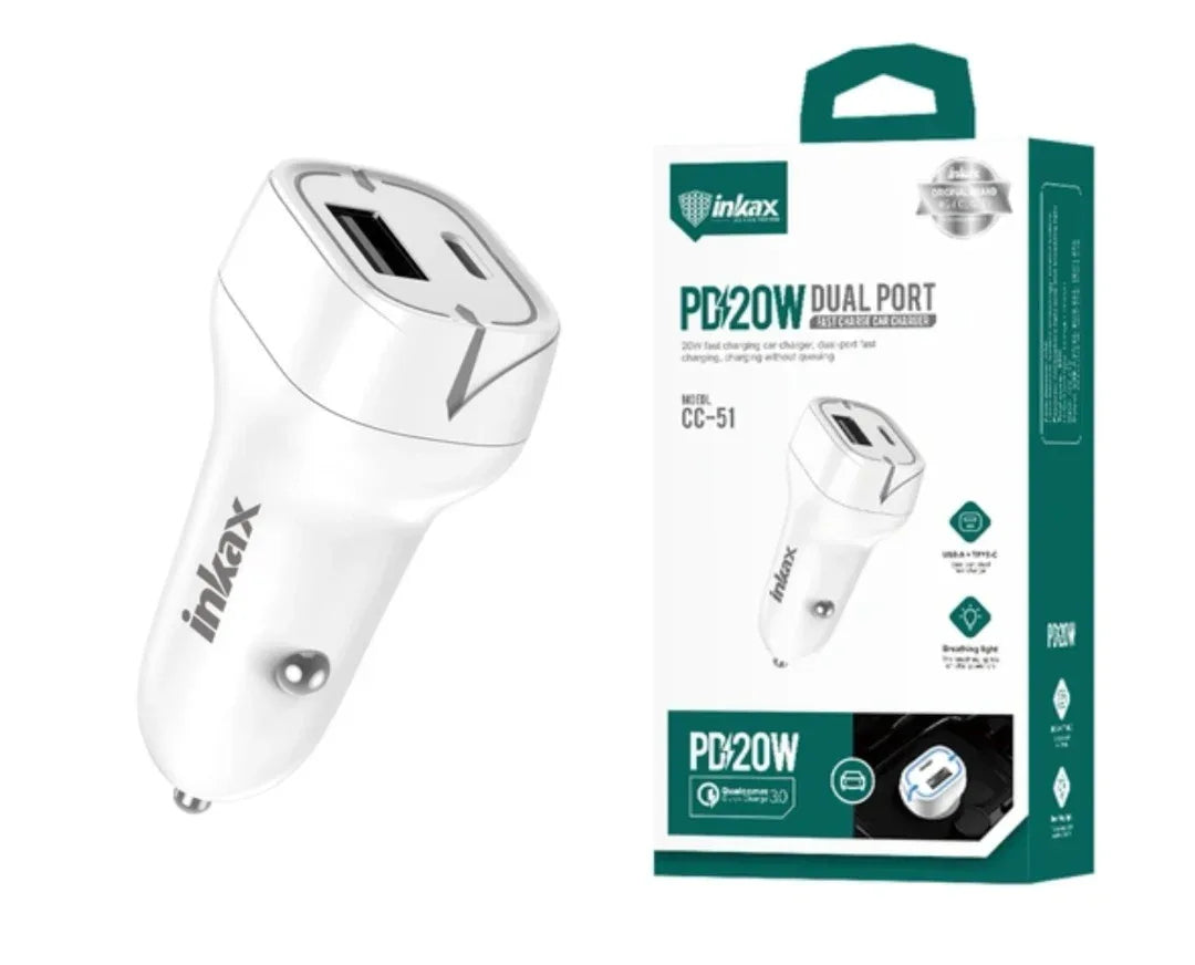 Cargador auto Inkax USB-A+C 3A 20W blanco - Tecatech-uy