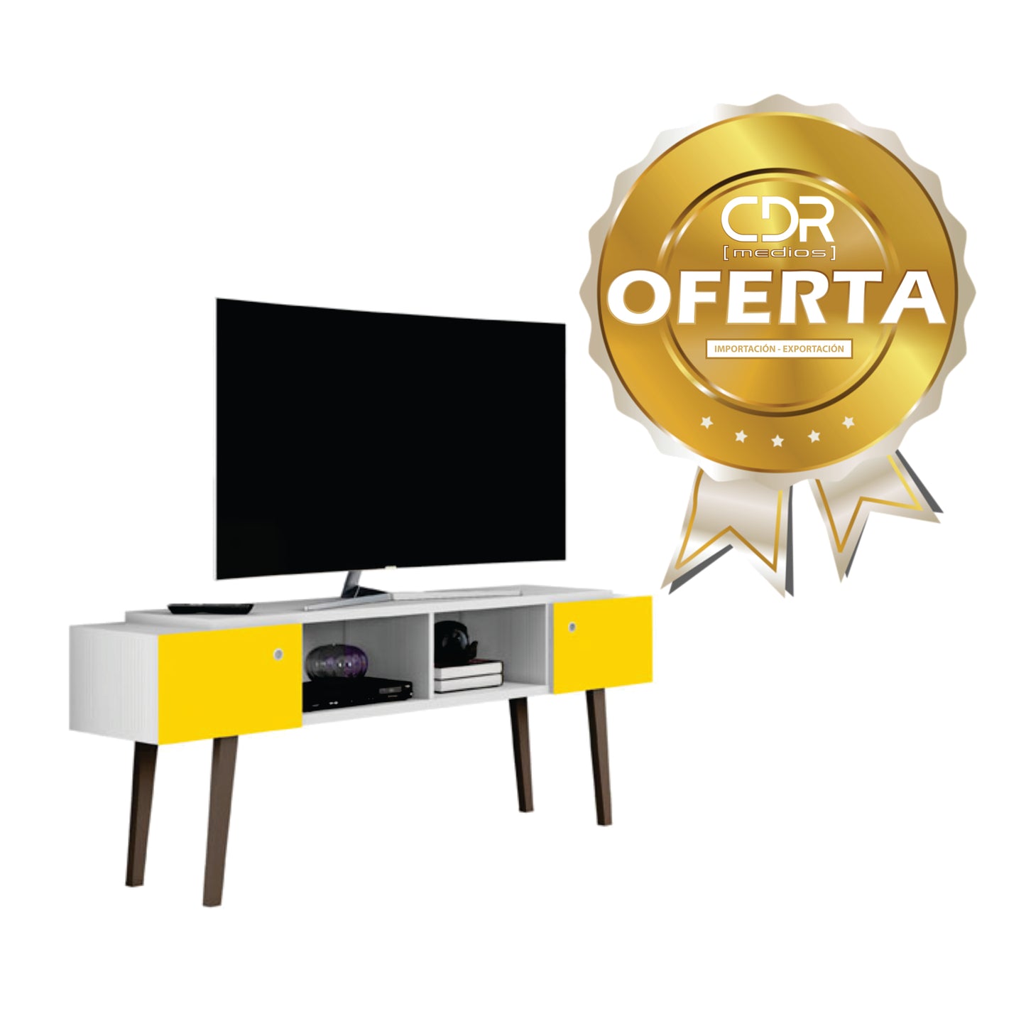 Rack / Aparador para TV con patas blanco con amarillo - Tecatech-uy