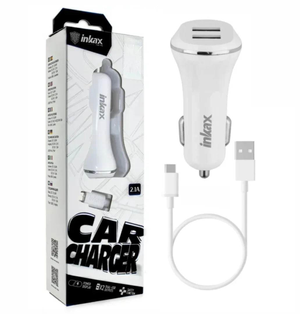 Cargador auto Dual Inkax c/cable Lightning USB 2.1A - Tecatech-uy
