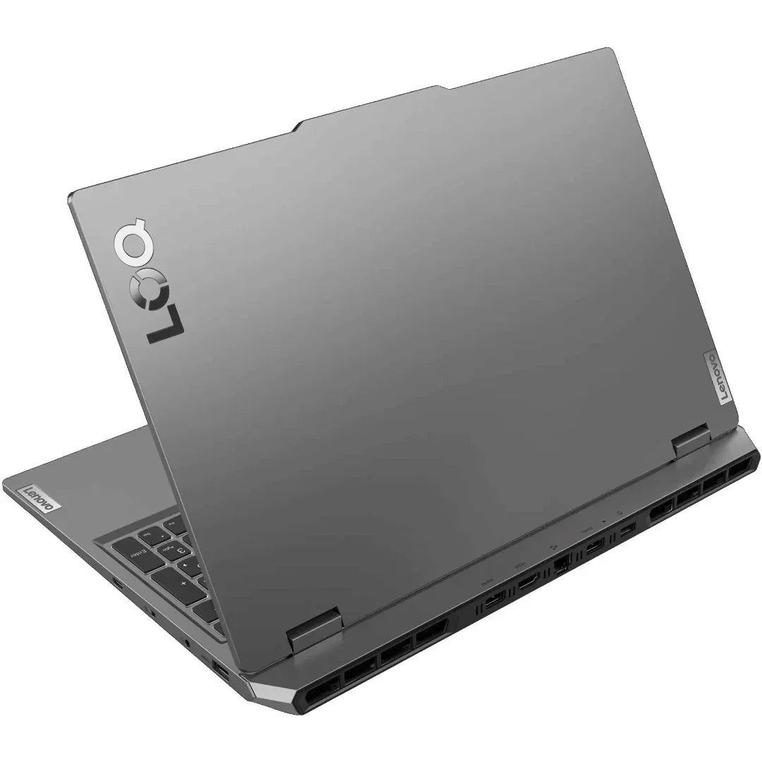 Notebook Lenovo gris abierta, vista trasera, tecnología avanzada en Tecatech-uy Uruguay