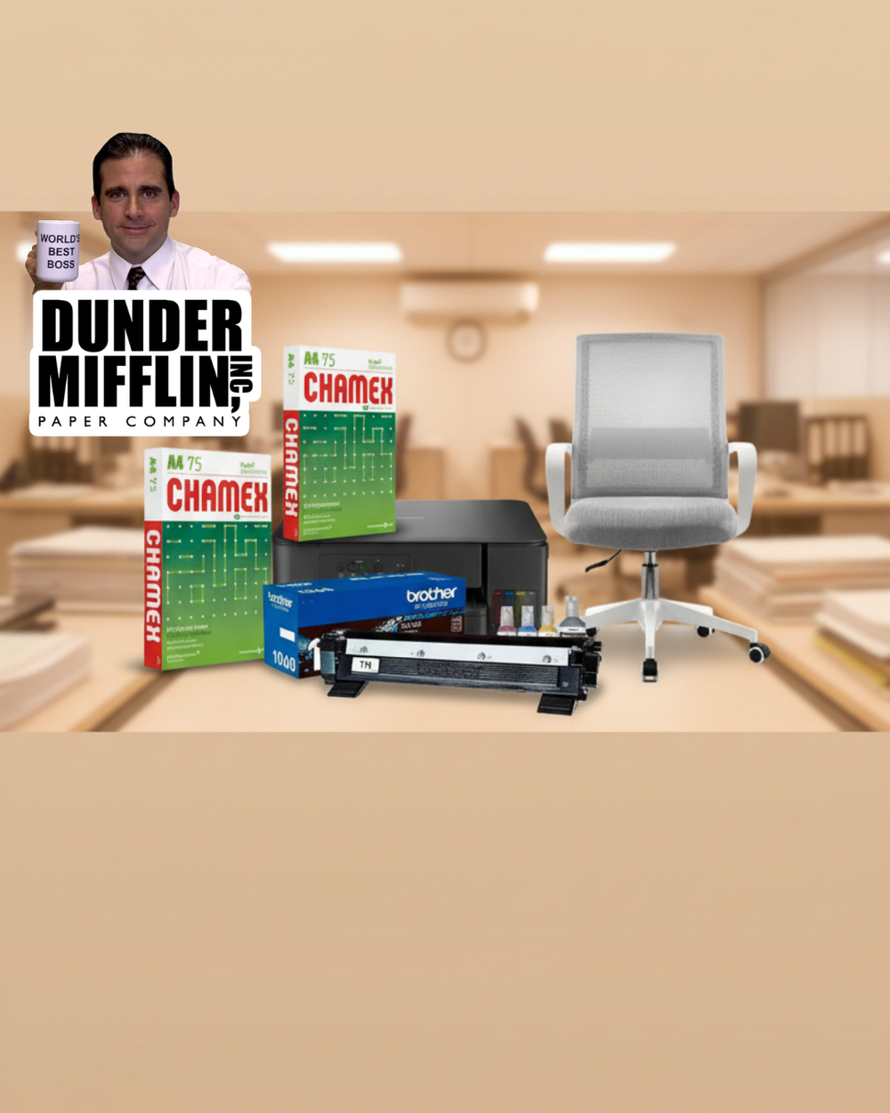 Bundle Oficina Completa – Impresora Brother + Tóner + Resma A4 + Silla Ryan