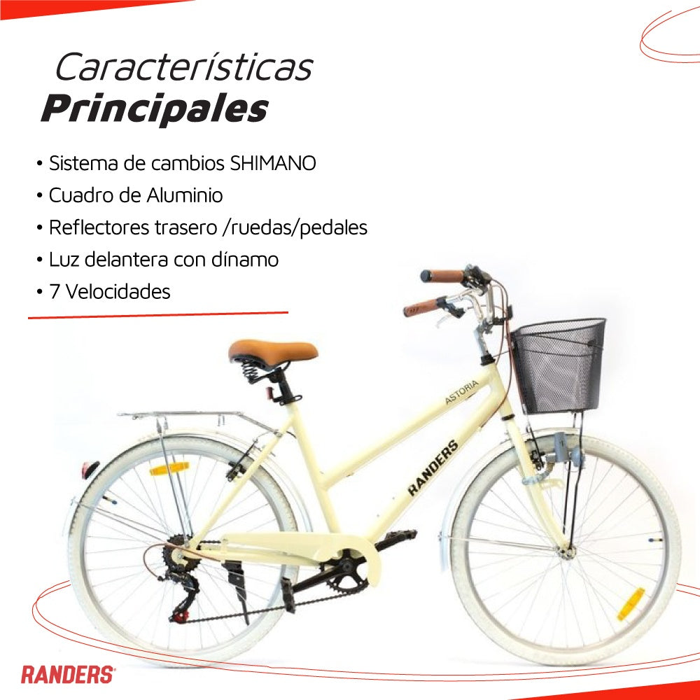 Bicicleta de paseo aluminio c/canasto R26 7V crema