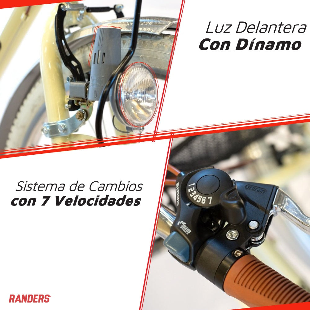Bicicleta de paseo aluminio c/canasto R26 7V crema
