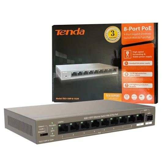Switch Tenda PoE 8 puertos gigabit 102W - Tecatech-uy