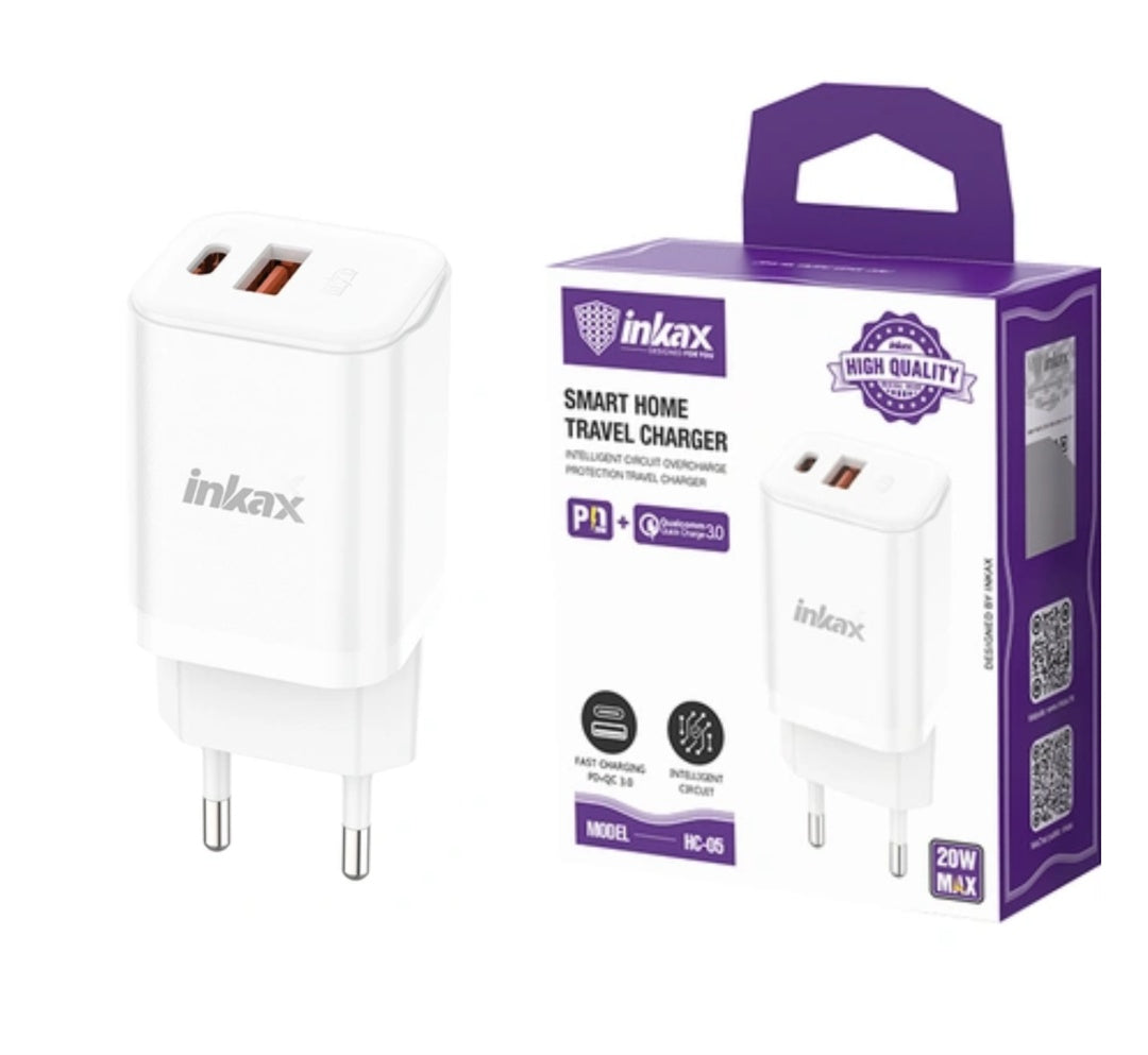 Cargador Inkax USB-A+C 20w blanco