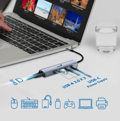 Hub Genius USB-C a USB-A y RJ-45