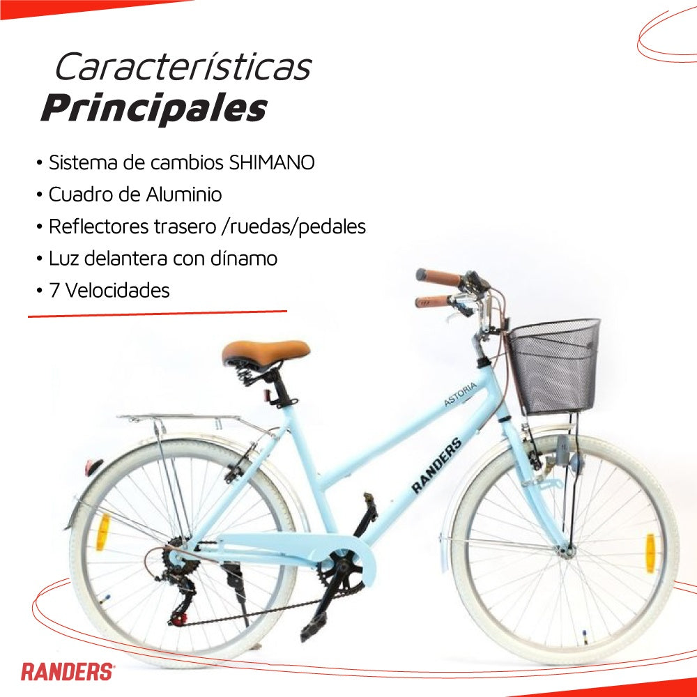 Bicicleta de paseo aluminio c/canasto R26 7V celeste