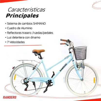 Bicicleta de paseo aluminio c/canasto R26 7V celeste