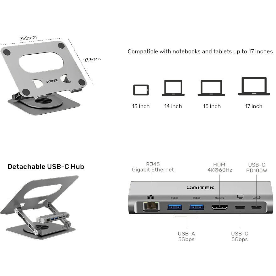 Soporte para Notebook Unitek con HUB USB-C Desmontable 360°
