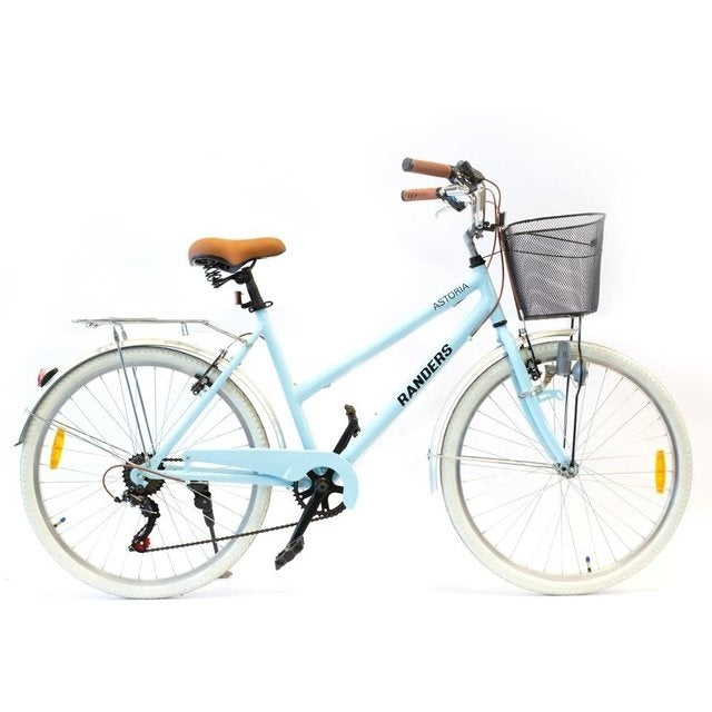 Bicicleta de paseo aluminio c/canasto R26 7V celeste