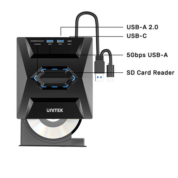 Grabadora de CD/DVD Externa Unitek con HUB USB 5 en 1