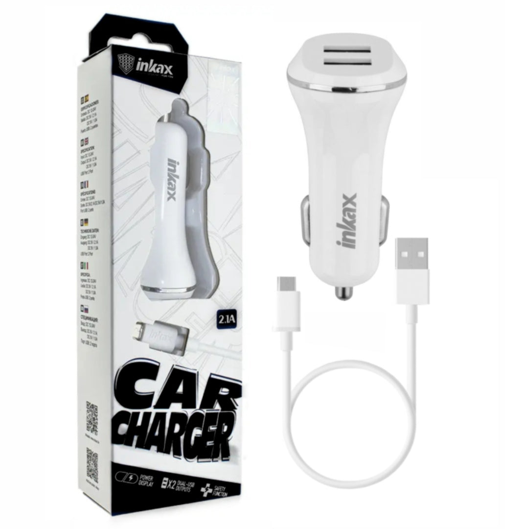 Cargador auto Dual Inkax c/cable Lightning USB 2.1A
