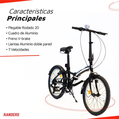 Bicicleta plegable 7 velocidades rodado 20 negro