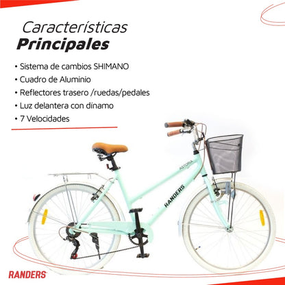Bicicleta de paseo aluminio c/canasto R26 7V verde