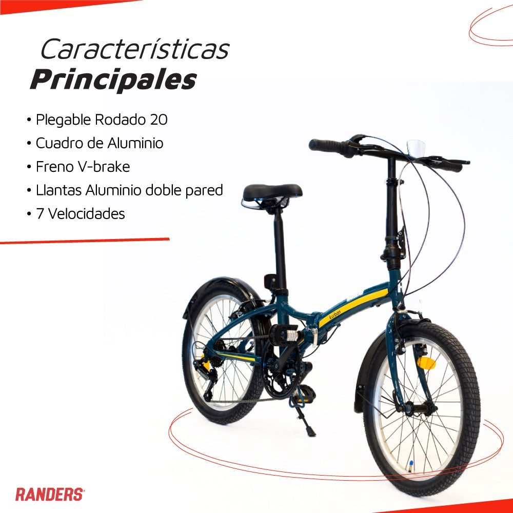 Bicicleta plegable 7 velocidades rodado 20 azul petróleo