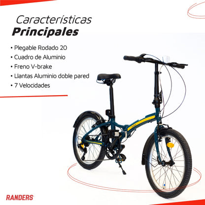 Bicicleta plegable 7 velocidades rodado 20 azul petróleo