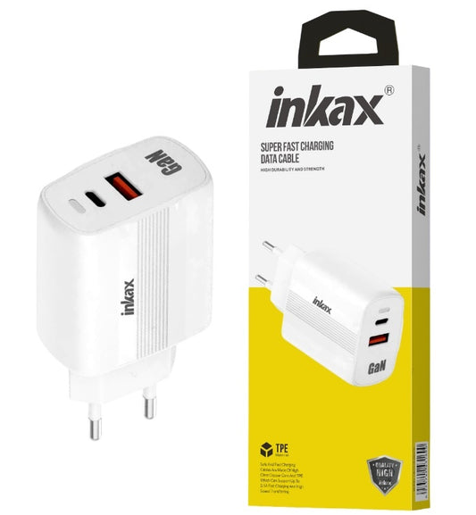 Cargador Inkax USB-A+USB-C Gan 45W blanco